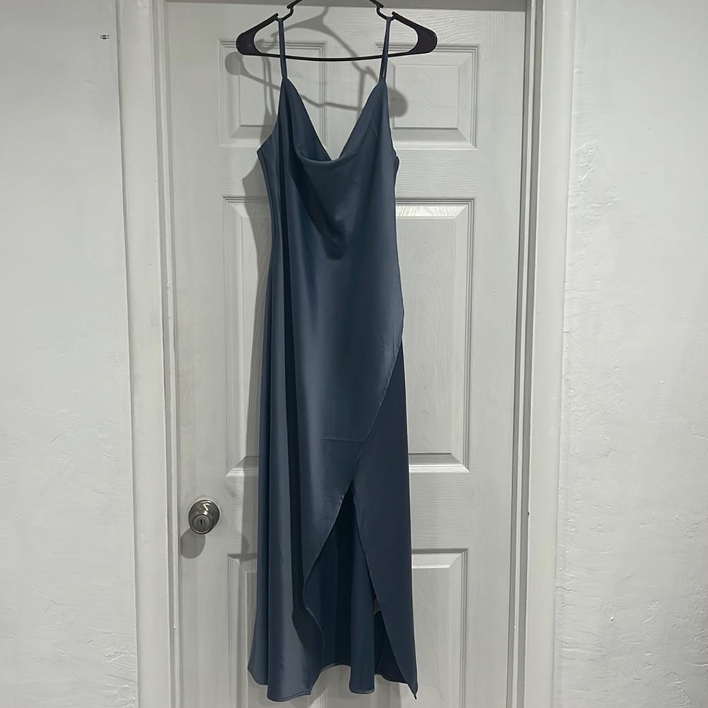 Gray satin party dress, one-piece, fits true to size
